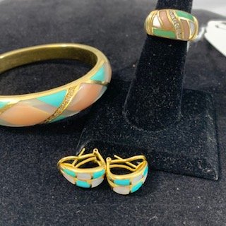 Asch Grossbardt 14K Gold Bangle, Ring, earring set: Asch Grossbardt Bangle, Ring, earring set 14 k gold 74.8 grams Turquoise, mother of pearl and diamond. The ring is size 7, the bracelet is 56mmExcellent condition.