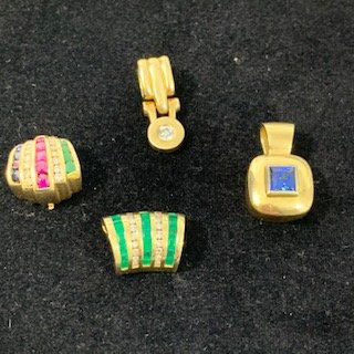(4) 14K Gold Pendants/slides-Diamond,Emerald,ruby, 26.3: (4) 14K Gold Pendants/slides. Ruby-emerald-diamond Gold-diamond Emerald-diamond Gold-sapphire 26.3 Grams total weight. Excellent condition.