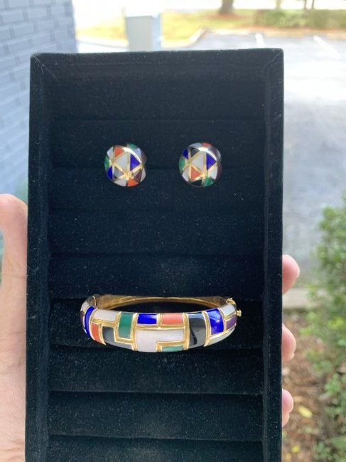 Asch Grossbardt 14K Gold Bangle & Earring- 39 grams: Asch Grossbardt 14K Gold & Hardstone Bangle Bracelet with matching Earrings. Weight 39grams total. Bracelet measures 56mm