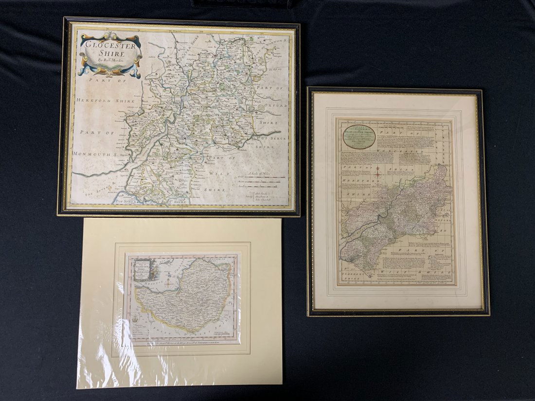 3 Early Maps Gloucestershire England: 3 Early Maps Gloucestershire England. First- Robert Morden 1695 Framed Map 18" x 15". Second- 1785 Issue map by Emanuel Bowen 17 1/2" x 14" in very good condition. Third- 1770 map of Somerset Shire ha