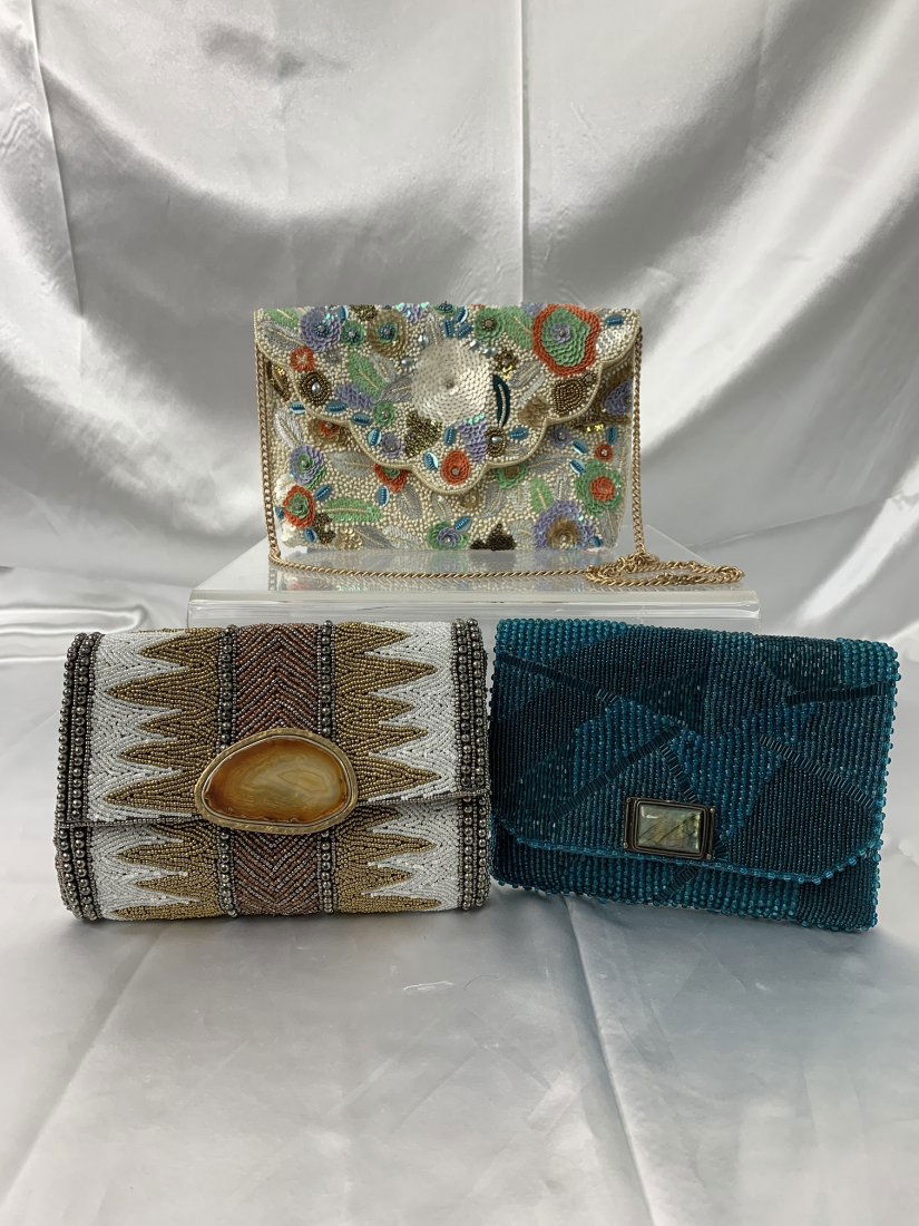 3 Mary Frances Hand Beaded & Natural Gemstone Purse: 3 Mary Frances Hand Beaded & Natural Gemstone Clutch. Frist- Pastel evening bag with hand beaded flowers, natural "Labradorite" gemstone and a cross-body chain strap 9 1/2" x 6 1/2". Second- Metallic