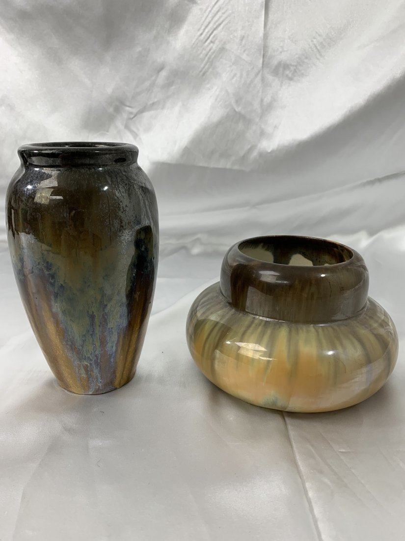 2 Pieces Fulper Flambe Art Pottery: Two pieces of Fulper Pottery, 7" Butterscotch Flambe Vase, raised vertical mark. Cat Eye Flambe squat vase, 4" tall by 6 1/2' wide, early square vertical ink mark, both in excellent condition.