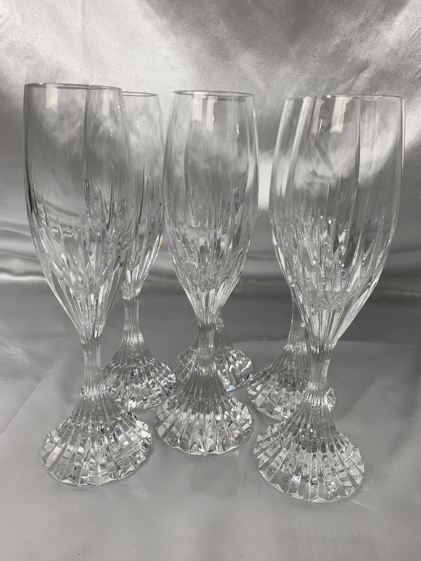 6 Baccarat Massena Champagne Flute/Wine Glasses 8 1/2": 6 Baccarat Massena Champagne Flute/Wine Glasses 8 1/2". This pattern showcases Baccarats meticulous craftsmanship. Excellent Condition. We are selling a lot of this pattern. Please be sure to view the