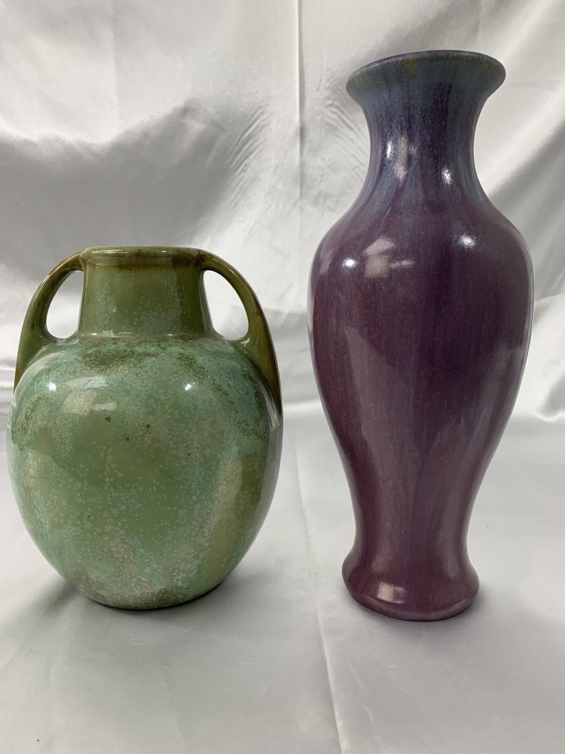 2 pcs Fulper Art Pottery- Amphora Vase + Double handle: 2 pcs Fulper Art Pottery- Amphora Vase + Double handle vase. Fulper Pottery, 2 pieces, 11" purple flambe Amphora shape, incised vertical mark partially obscured by glaze, & an 8" green crystalline gla