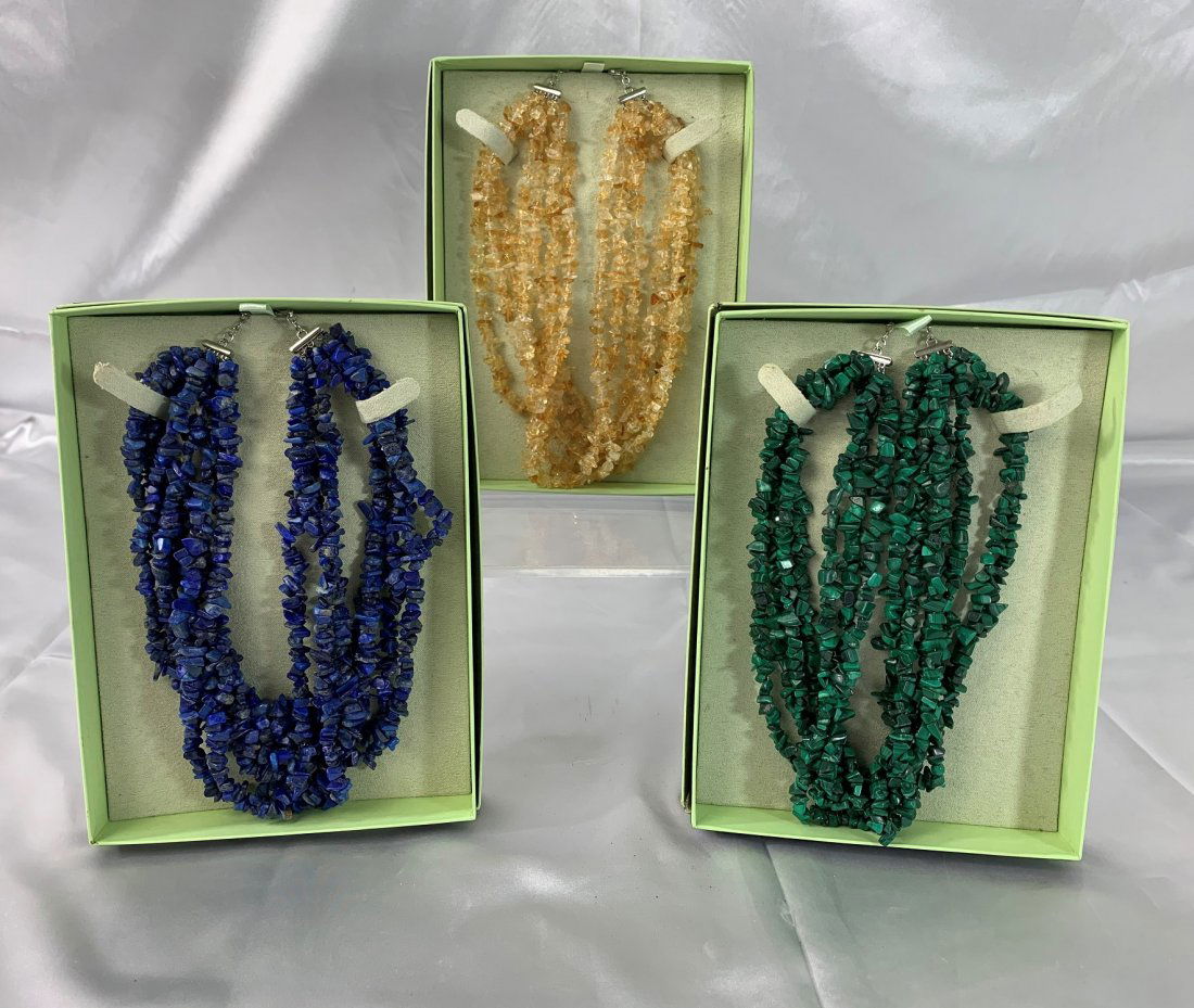 3 Ross Simons Necklaces, Malachite, Topaz, Citrine 19": 3 Ross Simons Necklaces, Malachite, Topaz, Citrine 19". All 3 in Ross Simons Box. Excellent Condition.