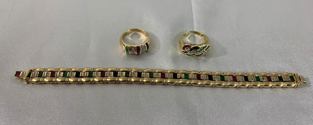 Heavy 14K Gold , Diamond, Emerald, Ruby, Sapphire 47 g.: Heavy 14K Gold , Diamond, Emerald, Ruby, Sapphire 47 grams. Two 14K Gold , Diamond, Emerald, Ruby & Sapphire. The rings sizes are 7 & 7 1/2. One 14K Gold, Diamond, Emerald, Ruby, Sapphire bracelet. Ve