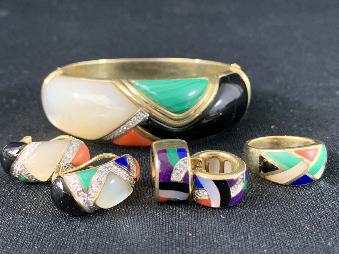 Asch Grossbardt Bracelet, Ring & Earrings 14K Gold: Asch Grossbardt Bracelet, Ring & Earrings 14K Gold. Two sets of earrings. Ring size is 7. Bracelet has diamonds, mother of pearl, onyx and malachite, it will fit a 7" wrist and is 20mm at the widest p