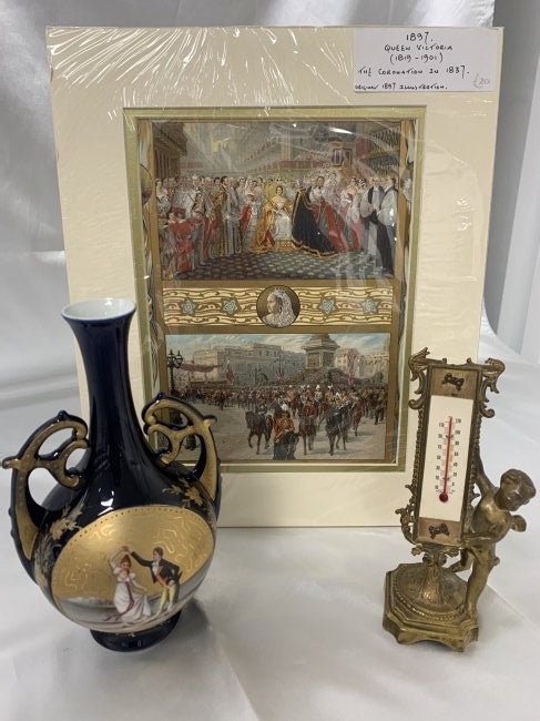 Estate Lot 1897 Queen Victoria Coronation Illustration: Estate Lot 1897 Queen Victoria Coronation Illustration-hand colored. Measures 13 1/2" x 11". Blue cobalt hand painted vase and Figural cherub thermometer. Vase is 8" tall. Cherub statue is 6 1/2" tall