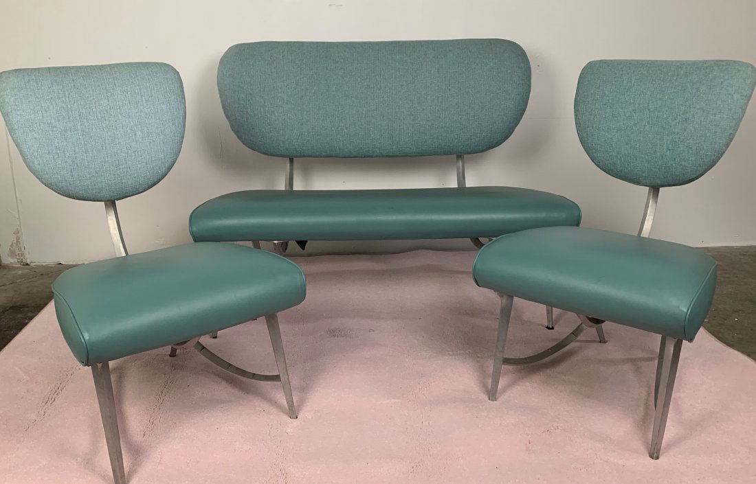 Jordan Mozer Disney Quest Armillary Chairs + Settee: Jordan Mozer Disney Quest Armillary Settee and Two Chairs. Upholstered seats and backs. Sofa has two missing feet and measures 48" x 22" x 38". The two chairs measure 22" x 20" x 35.5". One has been r