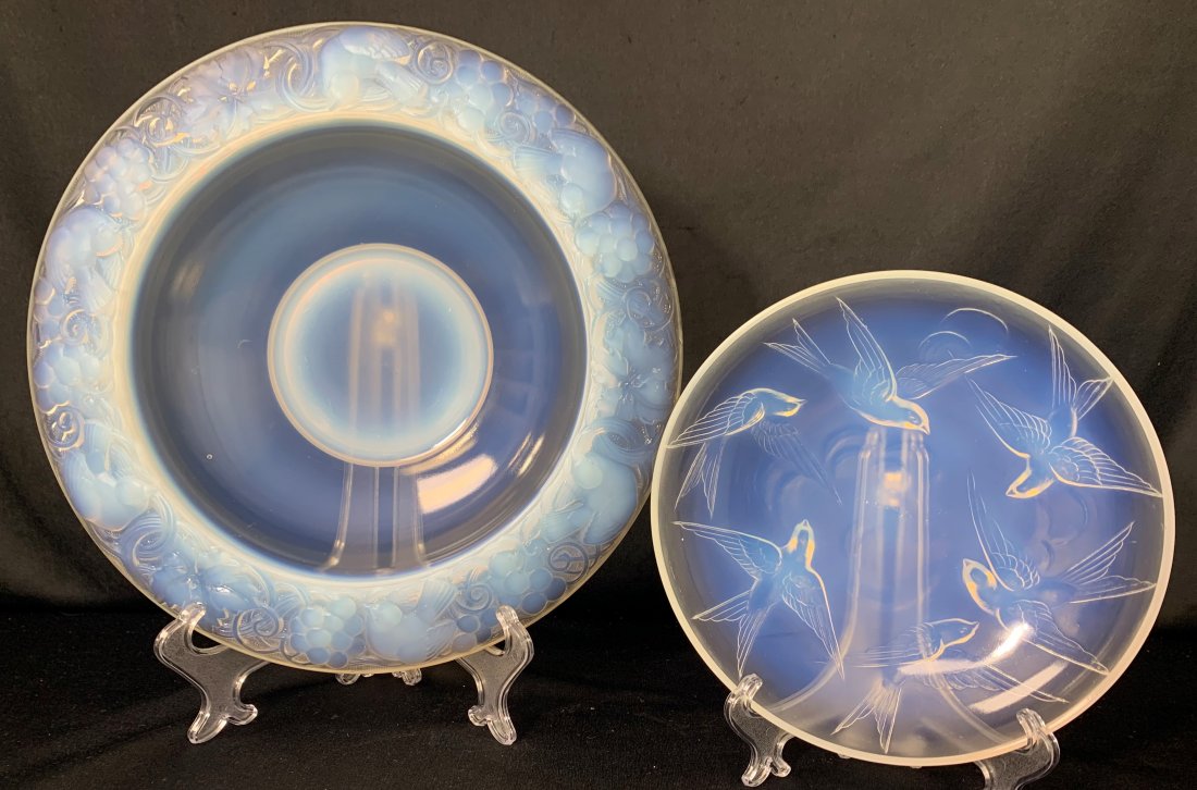 D'Avesn - Sabino Opalascent Glass Bowls - Paris France: Pierre D'Avesn & Sabino Opalascent Glass Bowls. Paris, France. Sabino bowl is decorated with sparrows and measures 7 3/4" x 1 5/8". Pierre D'Avesn bowl is embossed with bird and fruit decoration on th