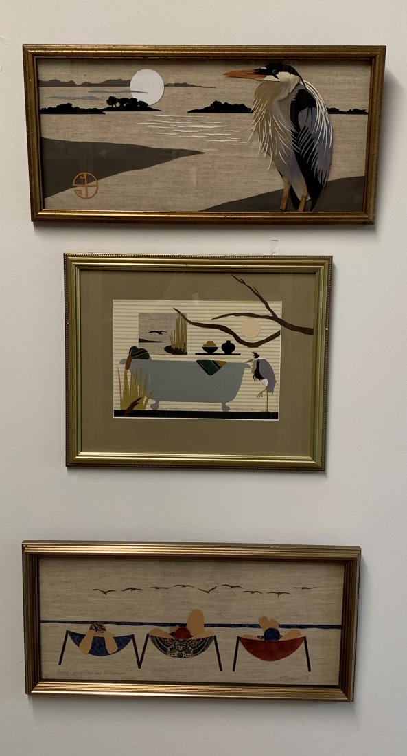 3 Sherry Browne Paper Cutout Art Framed & Signed: 3 pcs Sherry Browne Paper Art Framed and Signed. First- "Crane & Landscape" 21" x 10". Second- "Bird Bath" 16 5/8" x 13 5/8". Third "Hazy Lazy Sundae Afternoon" 21 1/2" x 10 1/2" framed and signed. In