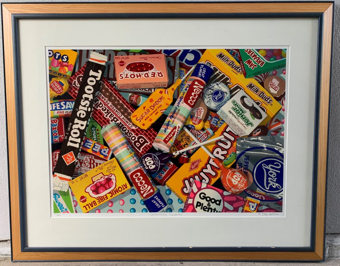 Clay Huffman Silkscreen -Confectionary Convention: Clay Huffman Silkscreen "Confectionary Convention" 28" x 35". Framed and signed. Numbered 111/190. Good condition.