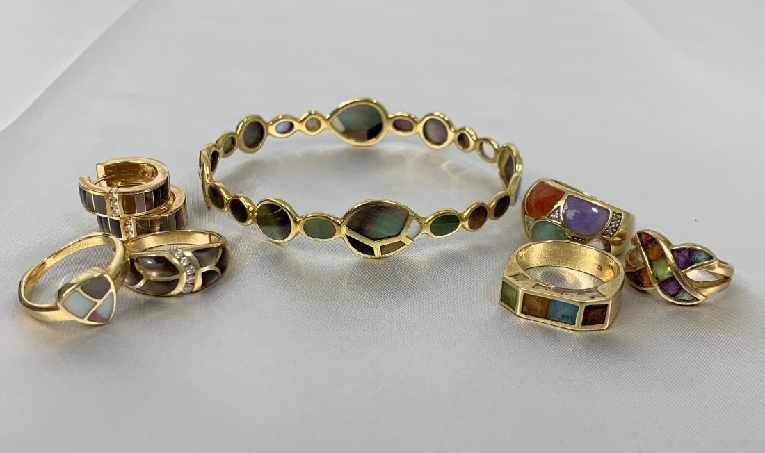 8 Pcs Asch Grossbardt & Ippolita 14K Gold Jewelry Lot: 8 Pcs Asch Grossbardt & Ippolita 14K Gold Jewelry Lot. Bangle bracelet is Ippolita inlaid. Earrings-stones & diamonds hoops. Square ring with 4 stones is size 7. Ring with diamond crescent is size 7.5