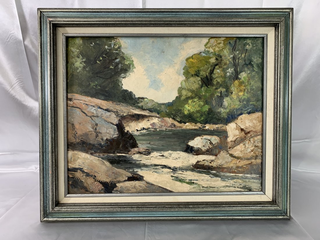 Harry L. Hickman Oil/Canvas Landscape with Trees: Harry L. Hickman Oil/Canvas Landscape with Trees. Framed and signed. 25 1/4" x 21 1/4" Good condition.