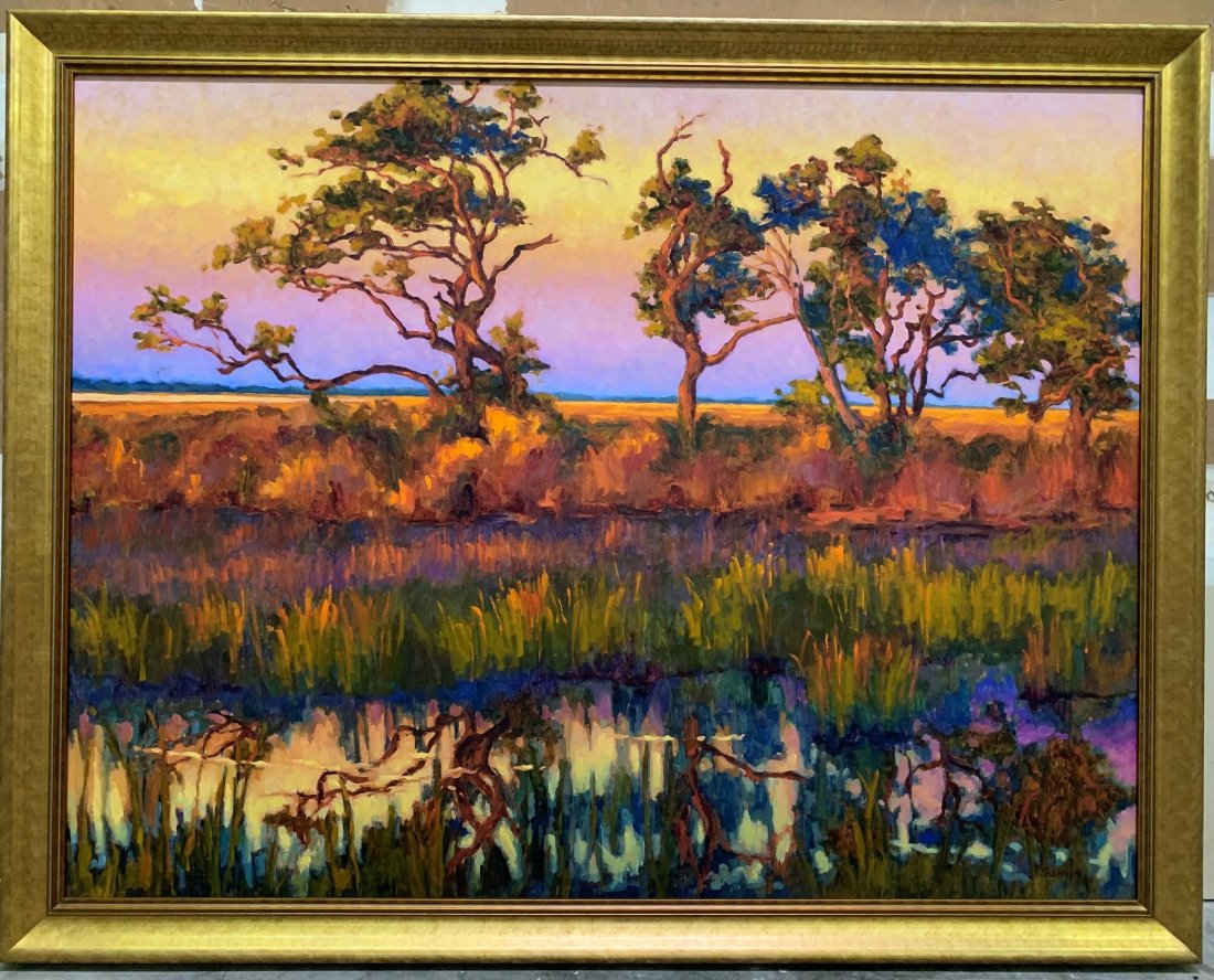 Oil on Canvas signed Shannon Smith "Island Light": Oil on Canvas signed Shannon Smith "Island Light". Beautiful landscape with vibrant colors "Island Light" oil painting by Shannon Smith 60" x 46". Comes with art book. In good condition. Please view t