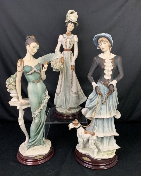3 G. Armani Sculptures-Promenade, Fragrance, Soiree: 3 Giuseppe Armani Sculptures-Promenade, Fragrance, Soiree. Dama con wire fox Temery (Promenade) 7" x 8 1/2" x 8 3/4". Boxed is 10" x 24" x11 1/2". Weighs 12.5 lb. Dama con cesto Rose (Fragrance) 19 3/