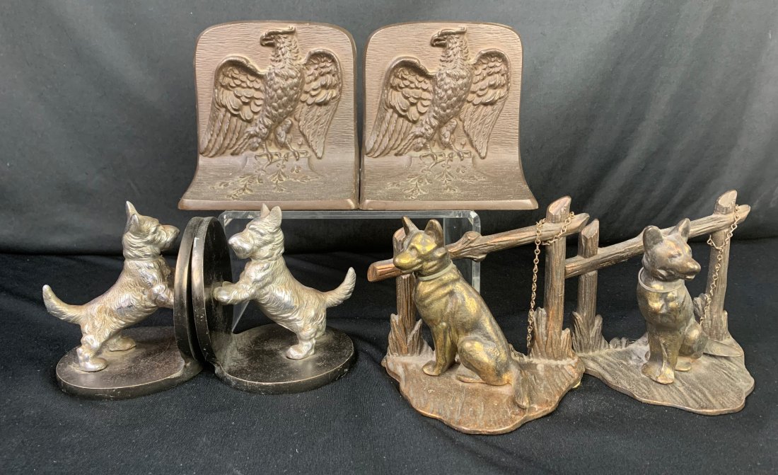 3 Pair of Antique Dog Bookends-Bradley Hubbard and more: 3 Pair of Antique Bookends-Bradley Hubbard and more. Bradley Hubbard bronze eagle bookends measure 5 1/2" x 5 1/2" x 5 1/2". Bronze Scottie dog bookends measure 5" x 8" x 4". Bronze dogs tied to the f