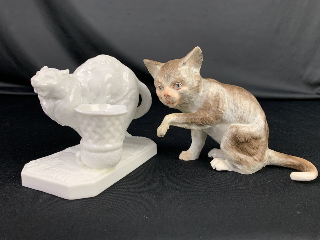Meissen Porcelain Cat Figurine + Dresden: Meissen porcelain cat & kitten figurine 4"x 5"x 2 7/8". Cat licking his paw figurine signed "Dresden" 3 1/2" x 6" x 2" . Total weight is 1.5 lbs.