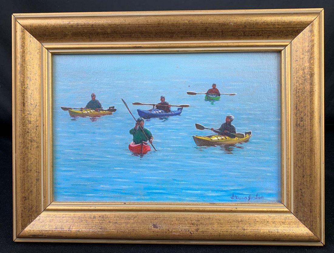 Steve Jordan Oil/Canvas Painting "Kayaks": Steve Jordan Oil/Canvas Painting "Kayaks". Framed and signed in lower right. Measures 11 3/4" x 9 3/4". Overall in excellent condition.