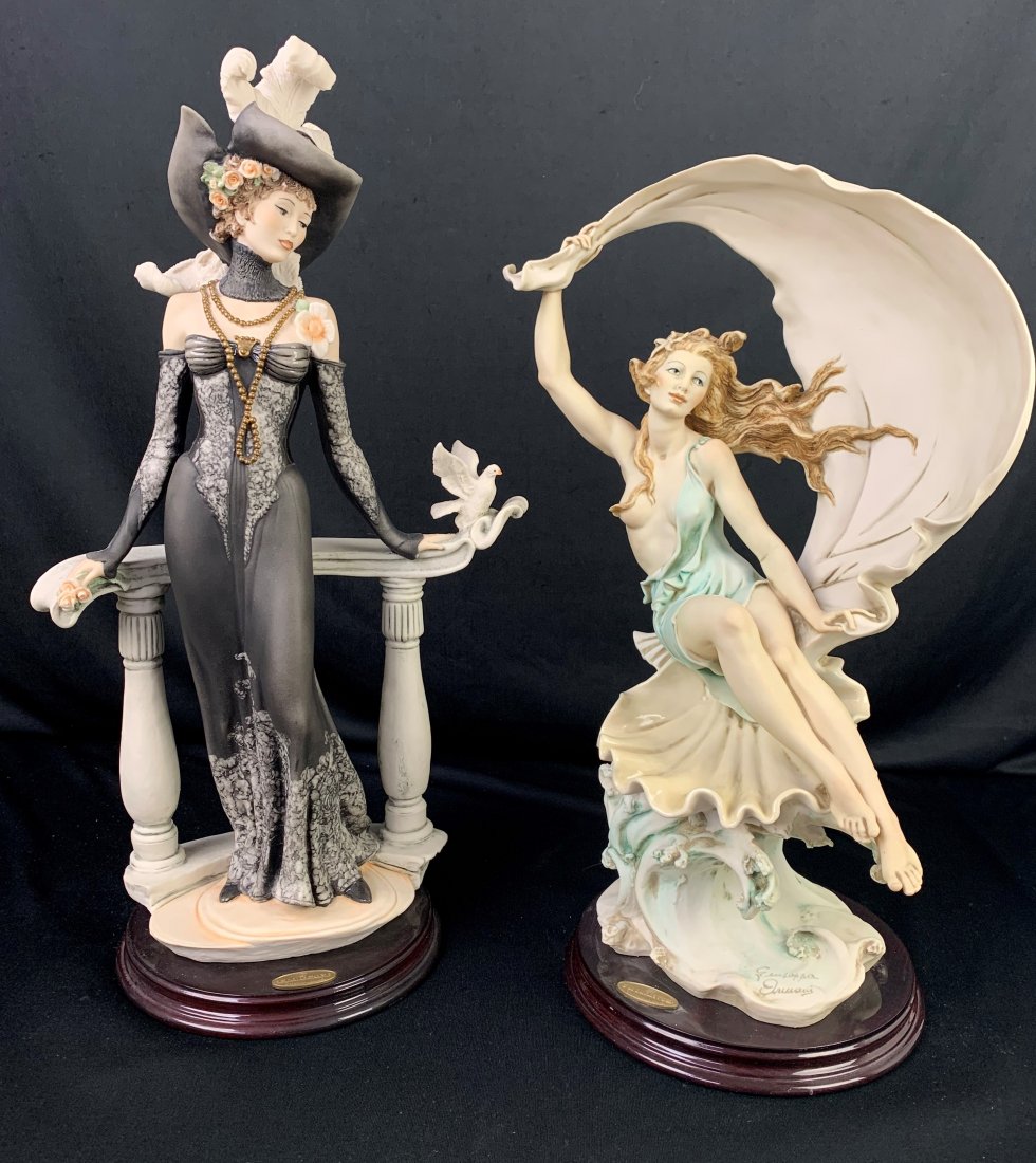 2 Giuseppe Armani Sculptures-Spring/Wind Song: 2 Giuseppe Armani Sculptures. Dama Balaustra con Colomba "Spring Morning" limited edition 813/3000. Boxed 15" x 22 1/4" 11 1/2". Sculpture 19" x 7" x 10". Ragazza con Drappo "Wind Song Girl with Scarf