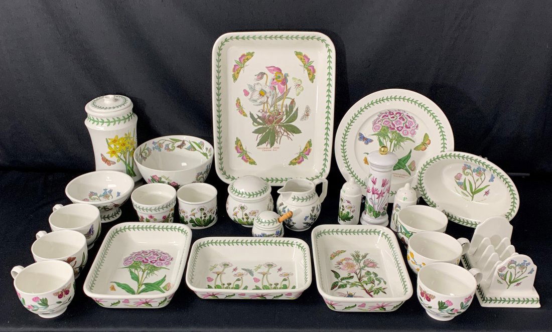 Portmeirion Botanic Garden Porcelain Cups, Bowls & More: Portmeirion Botanic Garden Porcelain Set of 25. Rectangle large pan 10" x 12" x 2", two smaller rectangle pans 9" x 6" x 2", one small rectangle dish 8.5" x 6" x 1.5". Oval dish 6" x 8" x 2". 6 coffee
