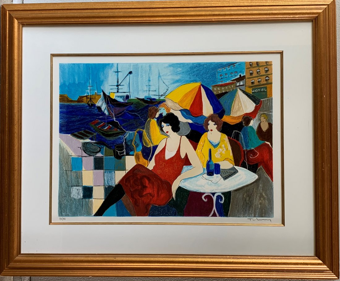 Itzchak Tarkay Lithograph "Outdoor Seaside Cafe": Itzchak Tarkay Lithograph "Outdoor Seaside Cafe". Beautifully framed and matted. Signed and numbered by the artist. 131/350. Measures 37" tall and 45" wide overall. Please view our entire catalog for 