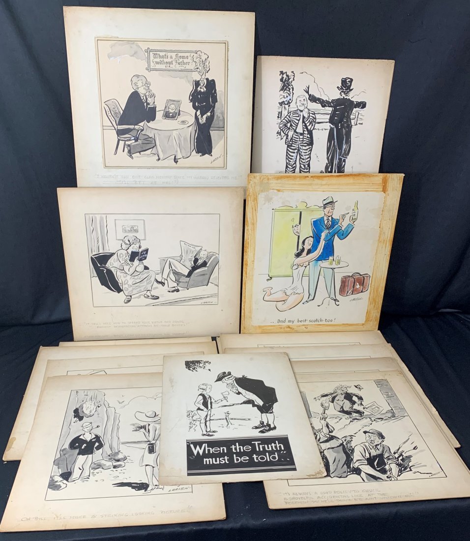 13 Dude Larsen Original Drawings - Hand Colored: 13 Dude Larsen Original Drawings - Hand Colored. 13 original boards signed by Dude Larsen. From the 1940's. Overall condition is good.