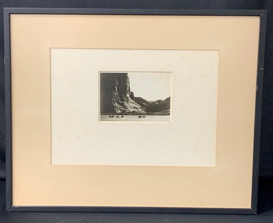 Canyon de Chelly Photograph by Edward S. Curtis c.1904: Canyon de Chelly Photograph by Edward S. Curtis c.1904, Navajo's on horseback. Print from original photograph. Measures 21" x 17". Overall condition is good.