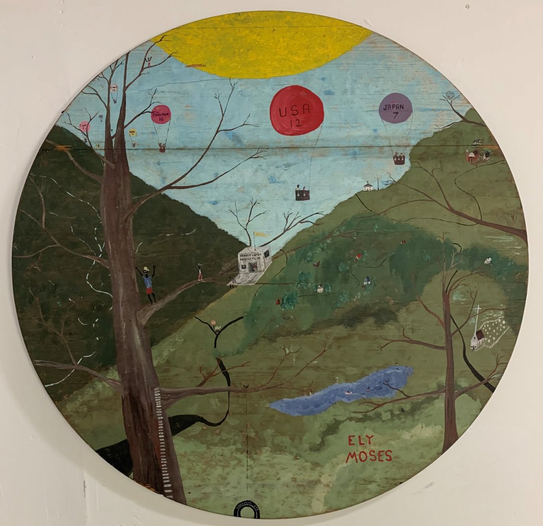Ely Moses African American Folk Art Painting: Ely Moses African American Folk Art Painting. Large round painting on wood. Signed by the artist. Measures 42" x 1". Overall condition is good.