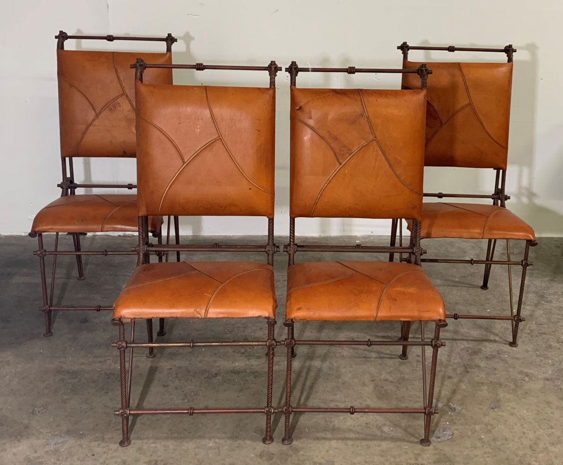 4 Leather & Iron Chairs Attributed to Llana Goor: A set of 4 leather and iron dinning chairs attributed to Llana Goor, circa 1980's. Measurements are 42" tall x 19" wide x 21" deep. In good condition .