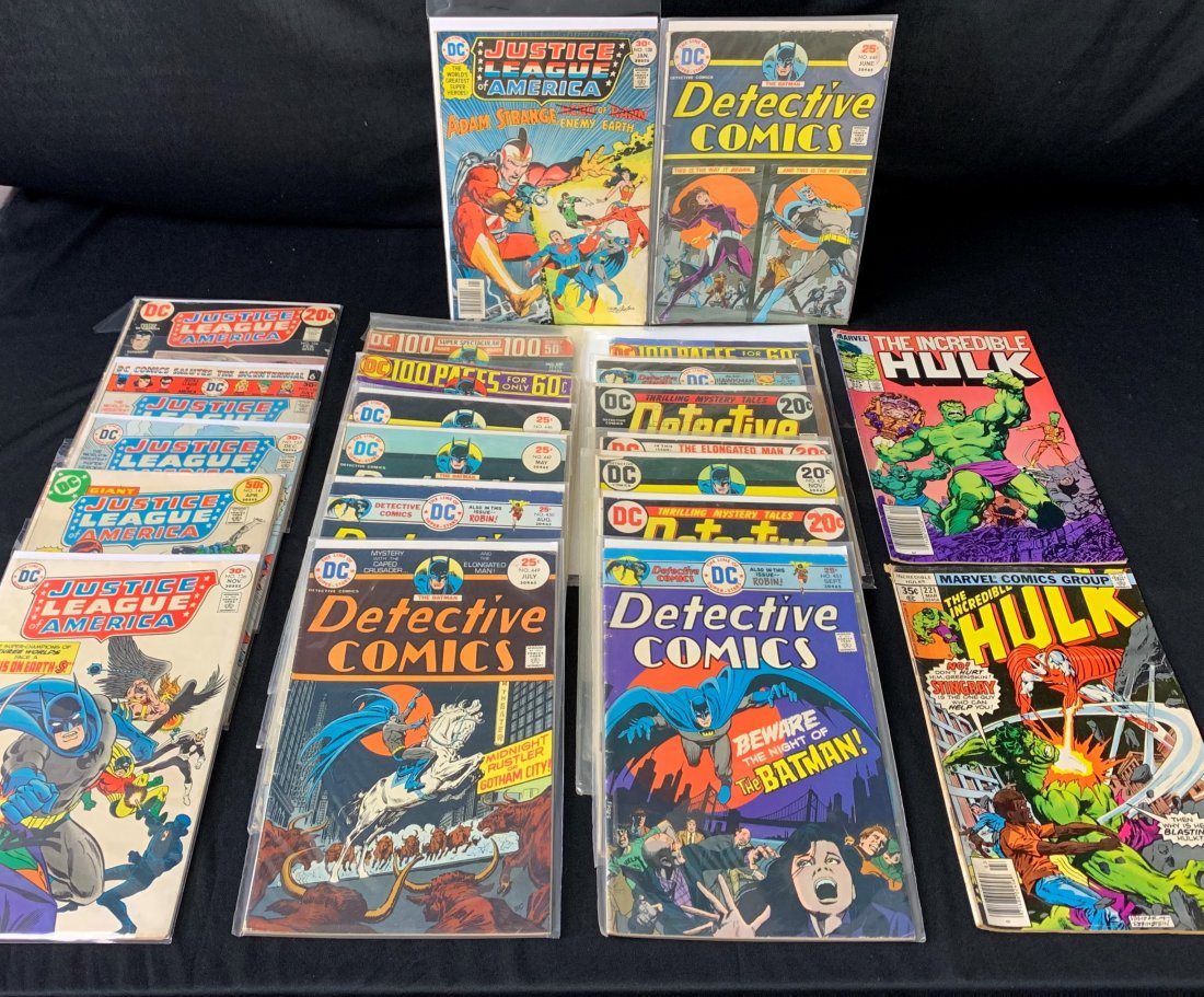 Vintage Comic Book Lot (22): Vintage Comic Book Lot (22). Prices range from $.20 to $.60. Collection includes Detective comics, The Incredible Hulk and Justice League of America. Overall condition is good.