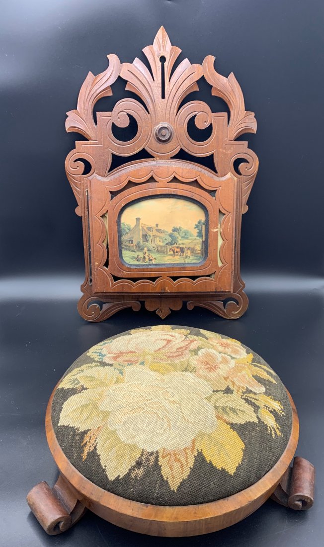 Antique Victorian Footstool & Wall Magazine Holder: Victorian Flower tapestry footstool on bun feet & Eastlake wall pocket magazine holder. Footstool is 5 1/2" tall x 12" wide. Antique magazine holder is 21" tall x 14 1/2" wide the picture in the cente