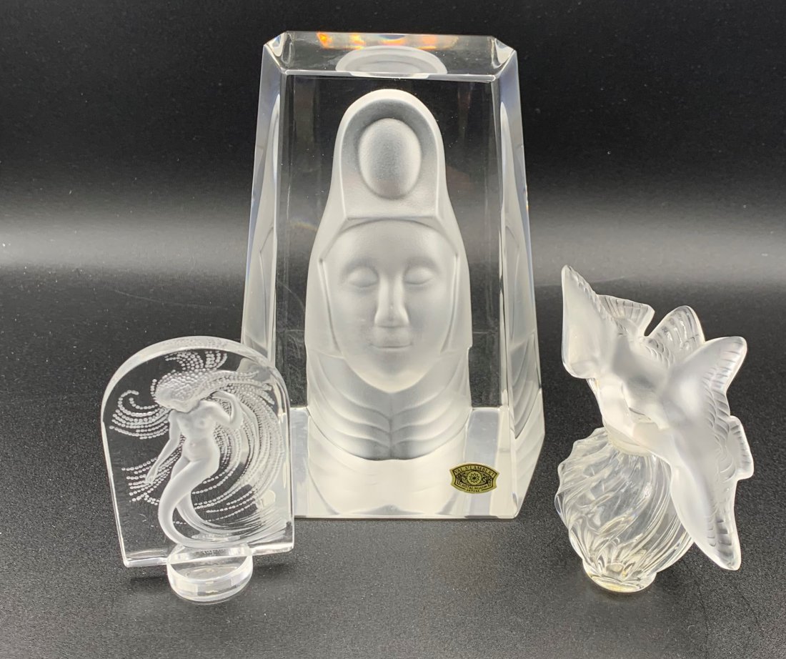 Val St. Lambert Bookend , Lalique Mermaid & Birds: Val St. Lambert Bookend ,Lalique Mermaid & Bird Perfume Bottle. Val St. Lambert crystal bookend 'Atlantis' Bert Van Loo signed. Lalique mermaid signed on the base Lalique France. The bookend is 6" tal