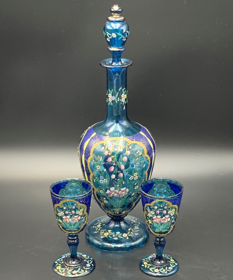 Bohemian Decanter Set - Hand Painted - Czech: Bohemian - Czech Decanter Set - Hand Painted. Beautiful decanter with two matching glasses. All hand painted with gold accents. The decanter with the stopper is 15" tall and 5" wide at the widest poin