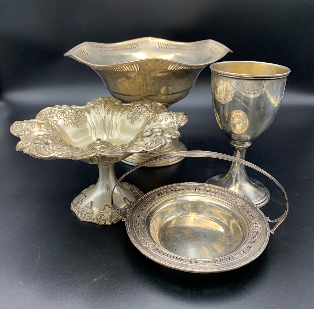 Estate Lot of Sterling-Francis I, Kirk & Son+ 33.9 OZT: Estate Lot of Sterling-Francis I, Kirk & Son+ 33.9 OZT. 4 pieces of sterling silver. Goblet measures 7" tall and 3.5" wide. Small compote measures 4.5" tall and 8" wide. Large compote measures 7" tall