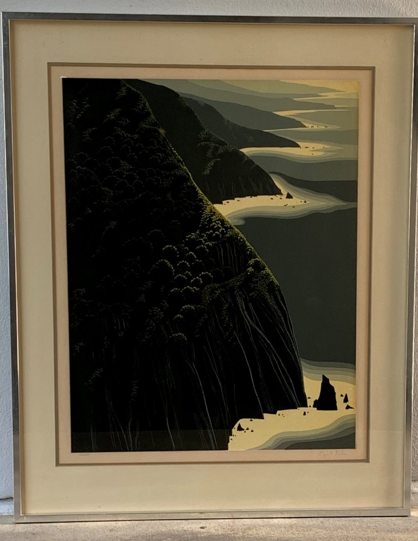 Eyvind Earle Lithograph "Big Sur" 132/250: Eyvind Earle Lithograph "Big Sur" 132/250. Matted and framed. Numbered and signed by the artist. The framed artwork measures 38" tall and 30 1/2" wide. Overall very good condition.