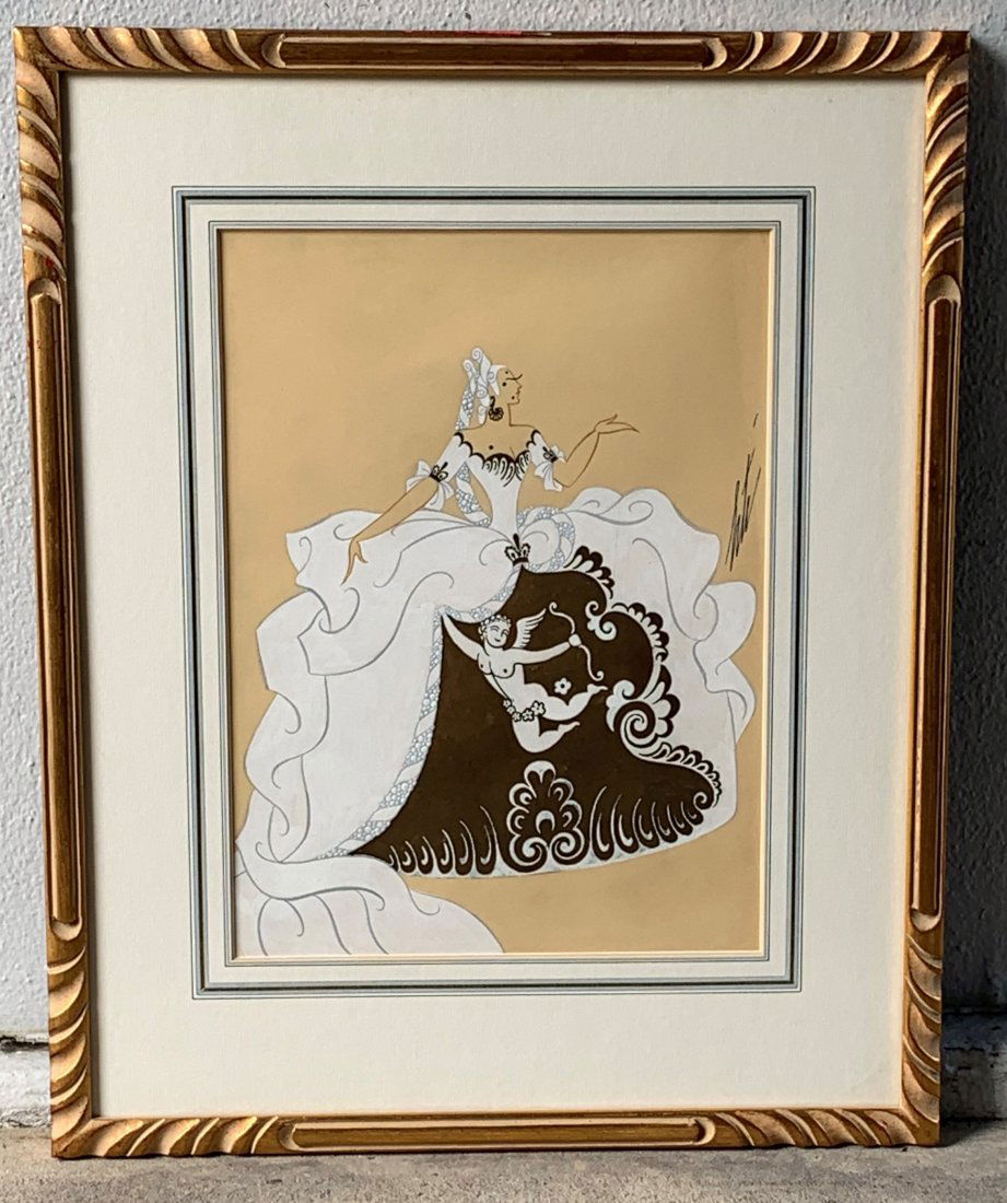 Erte' Enhanced Lithograph Woman in White Dress: Erte' Enhanced Lithograph Woman in White Dress. Framed and signed by the artist. Framed artwork measures 21" tall and 17" wide. Overall condition is very good.