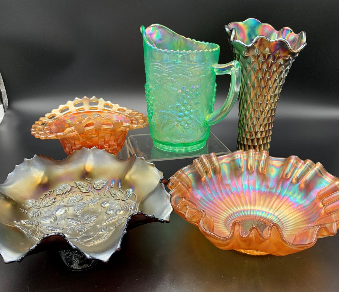 Estate Lot of Carnival Glass, Northwood & Fenton: Estate Lot of Carnival Glass, Northwood & Fenton. Tall Northwood vase measures 9" tall and 4" wide. The Northwood dish measures 3 1/2" tall and 9" wide. the large Fenton ruffle bowl measures 3" tall a