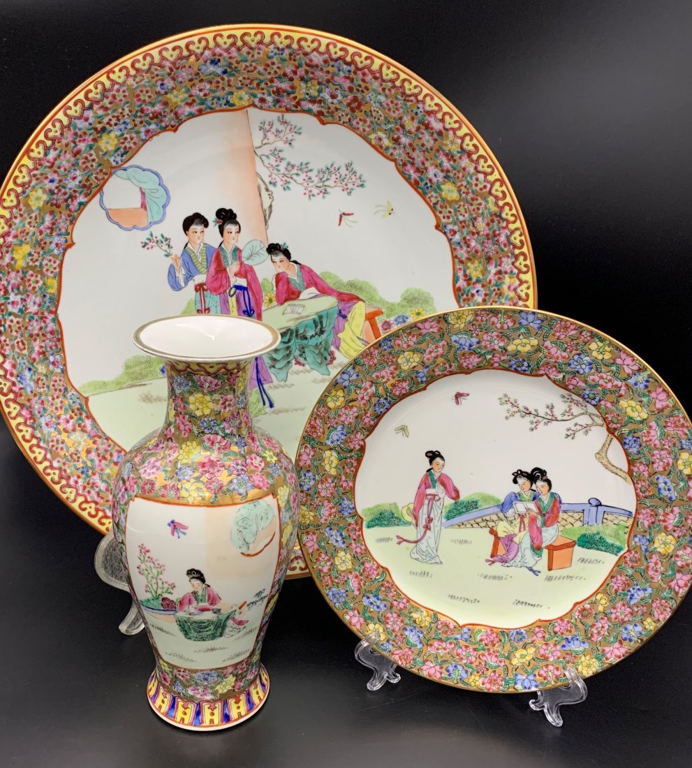 3 Pieces of Chinese Porcelain Famille Rose: 3 Pieces of Chinese Porcelain Famille Rose. Large charger/bowl measures 3" tall and 14 1/2" wide. The plate measures 10" in diameter. The vase measures 10" tall and 4 1/2" wide. Overall condition is g