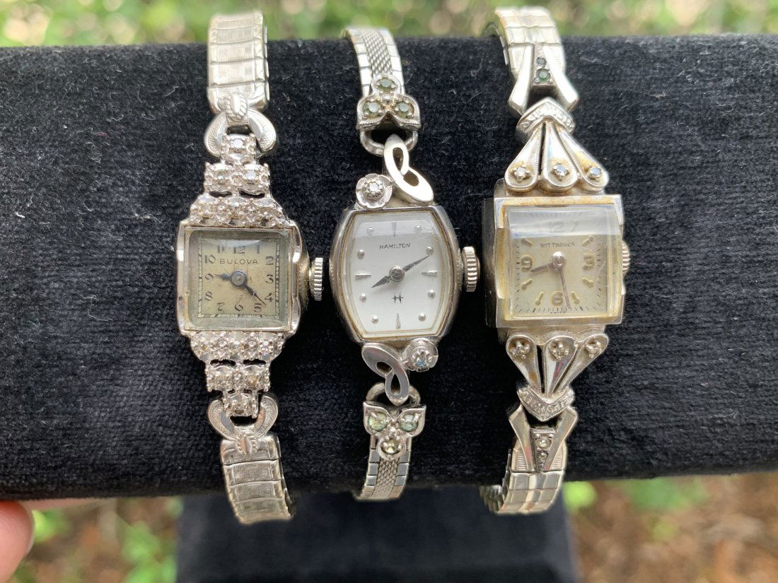 Lot of 3 Victorian Women's Watches 14K & 10K Gold: Lot of 3 Victorian Women's Watches 14K & 10K Gold. Bulova, Hamilton & Wittnauer. Bulova 14K watch band measure 6" long, 6.35mm wide and crystal measure 10.74mm. Hamilton 10k wrist watch band measure 6