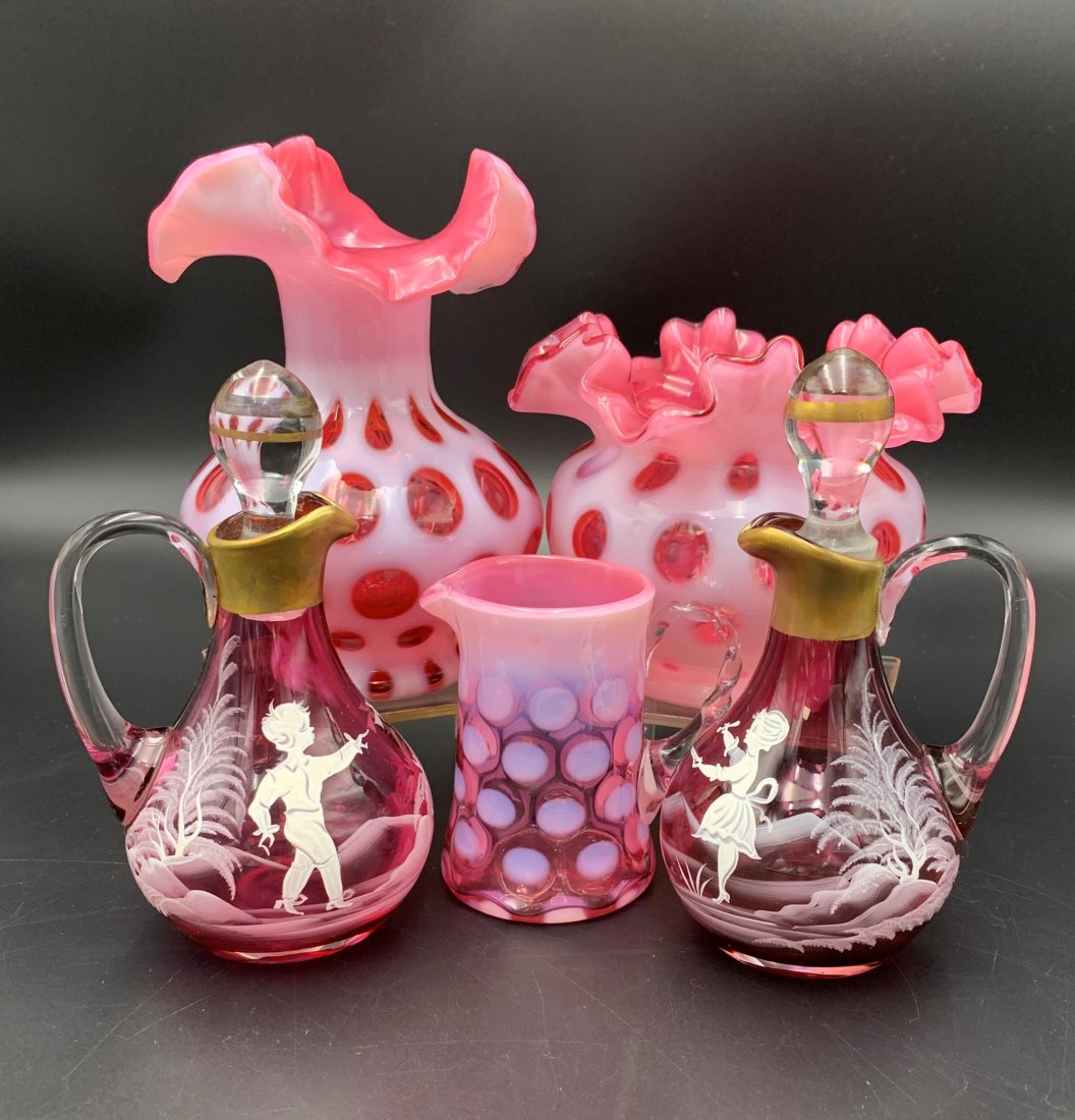 Lot of Fenton Glass - Mary Gregory: Lot of Fenton Glass - Mary Gregory. Two Fenton/Mary Gregory decanters with gold accents measure 7" tall with stopper, 4" wide and 3 1/2" wide. Tall pink bubble optic ruffle vase measures 7" tall and 5