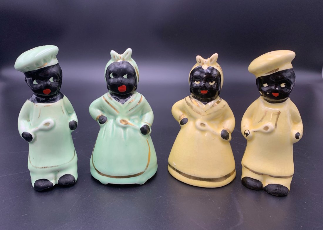 2 Sets of Black Americana Salt & Pepper Shaker: 2 Sets of Black Americana Salt & Pepper Shaker. Two sets of Black Americana "Mommy & Pappy" green and yellow 5" salt and pepper shakers. In good condition.