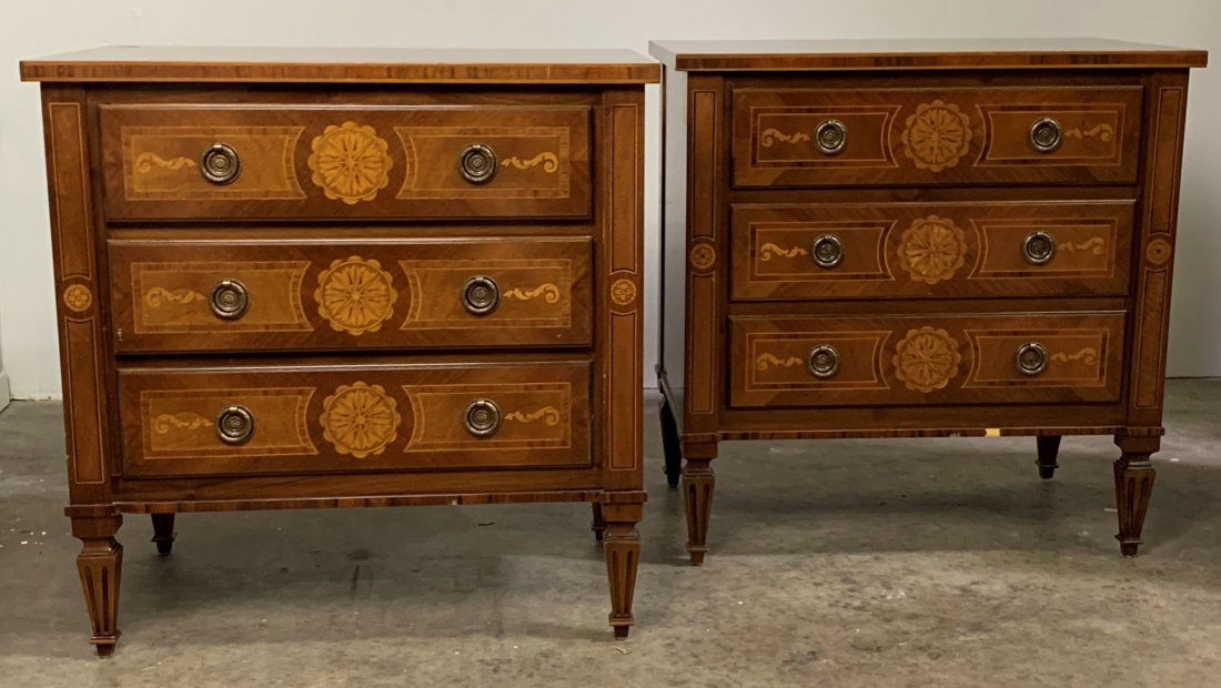 Pair of Colombo Mobili Nightstands: Pair of Colombo Mobili Nightstands . Italian manufacturer Colombo Mobili three drawers nightstand. Measures H- 28" X W- 25 1/2" X D- 15 5/8". Nightstands show some scratches. Overall in good condition