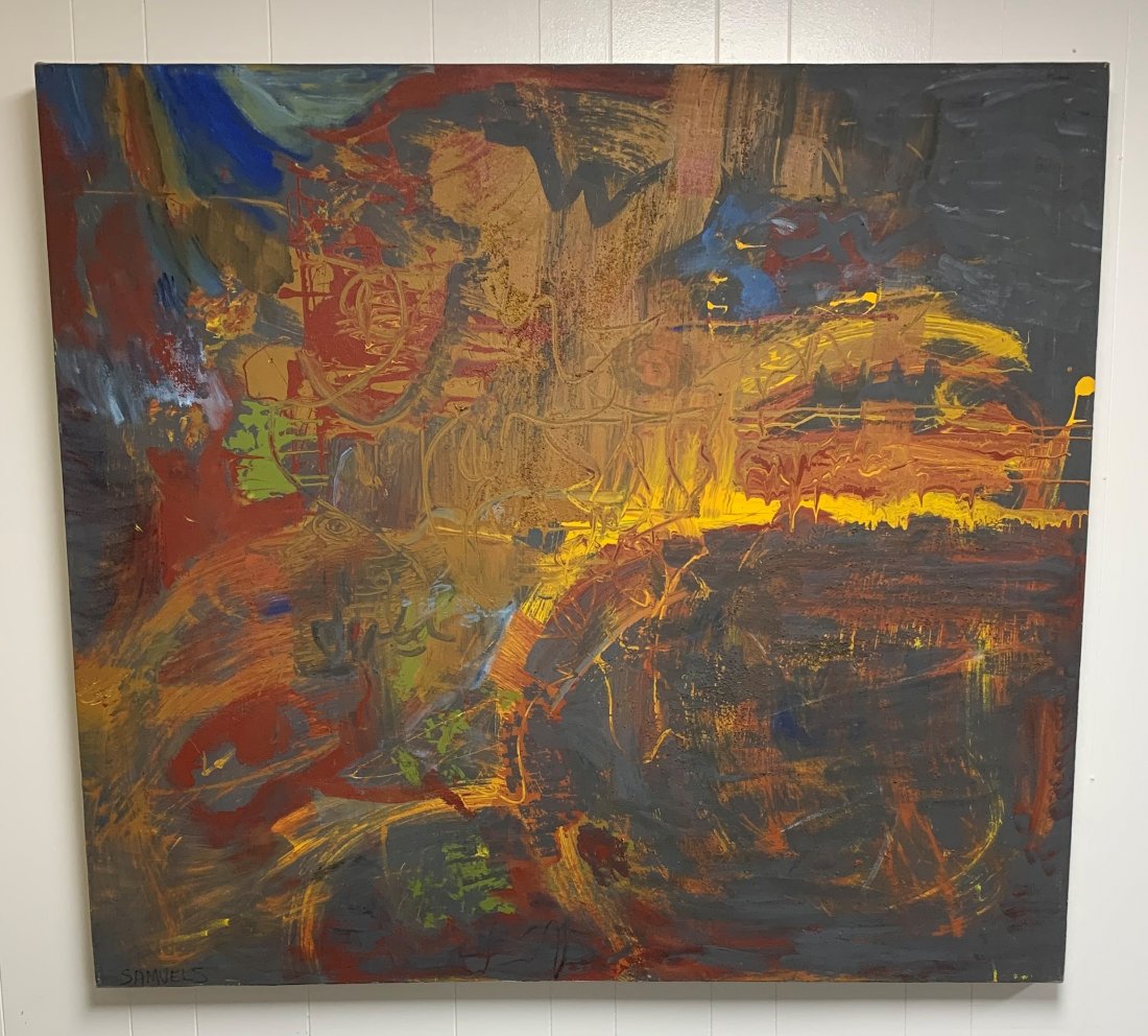 Fern Samuels Oil on Canvas Abstract Wolf Painting: Fern Samuels Oil on Canvas Abstract Wolf Painting. Fern Samuels is an Orlando artist. The painting is signed by the artist in the lower right corner. It measures 52" tall and 58" wide. Overall conditi