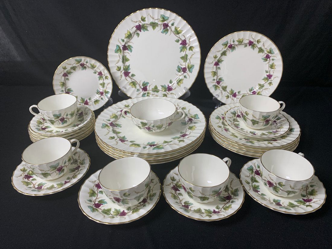 Set of Royal Worcester Porcelain Dinnerware Bacchanal: Set of Royal Worcester Porcelain Dinnerware-Bacchanal. 31 pcs of Royal Worcester dinnerware. (6) diner plates 10 1/2", (6) salad plates 8", (6) bread plates 6", (6) saucer plates 6", (6) cups H- 2 1/2