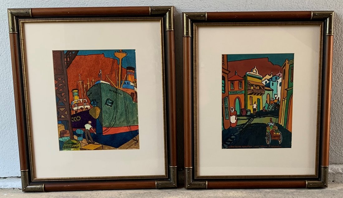 2 John McLaren Watercolor Paintings South Africa: 2 John McLaren Watercolor Paintings South Africa. Both framed and signed by the artist. One is named "In the Malay Quarter - Cape Town" measuring 19" tall and 16" wide. The Harbour ships measuring 20"