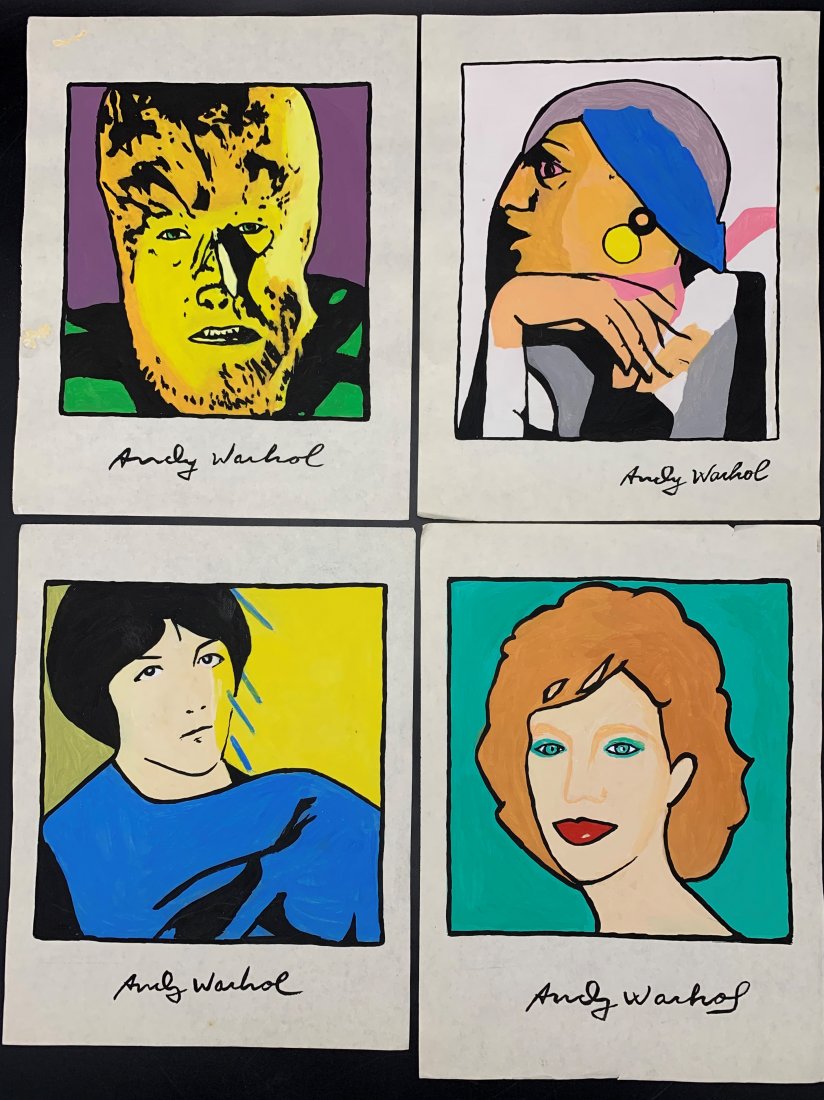 4 Original Watercolor Copies of Andy Warhol Art: 4 Original Watercolor Copies of Andy Warhol Art. Each painting measures 11" tall and 8 1/2" wide. Each painting has Andy Warhol stamp on the back. Overall condition is good.