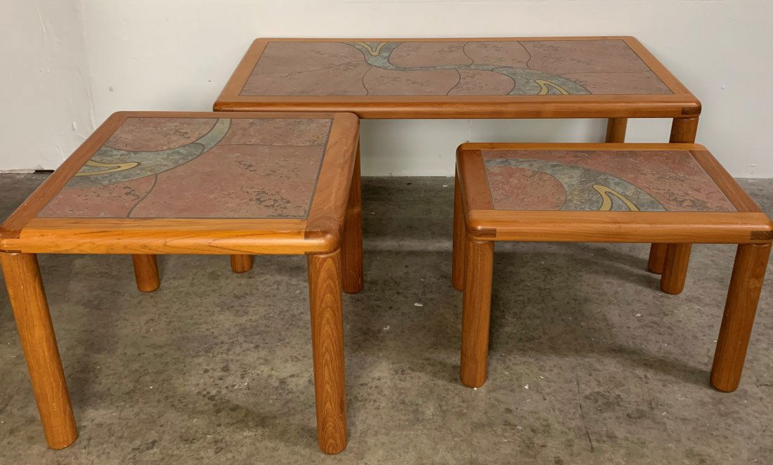 3 Haslev Denmark Tables - Coffee Table & 2 End Tables: 3 Haslev Denmark Tables - Coffee Table & 2 End Tables. Handmade in Denmark. Beautiful wood with detailed edges. Inlay on top with shades of pink, blue and gold. The larger coffee table measures 48" wi