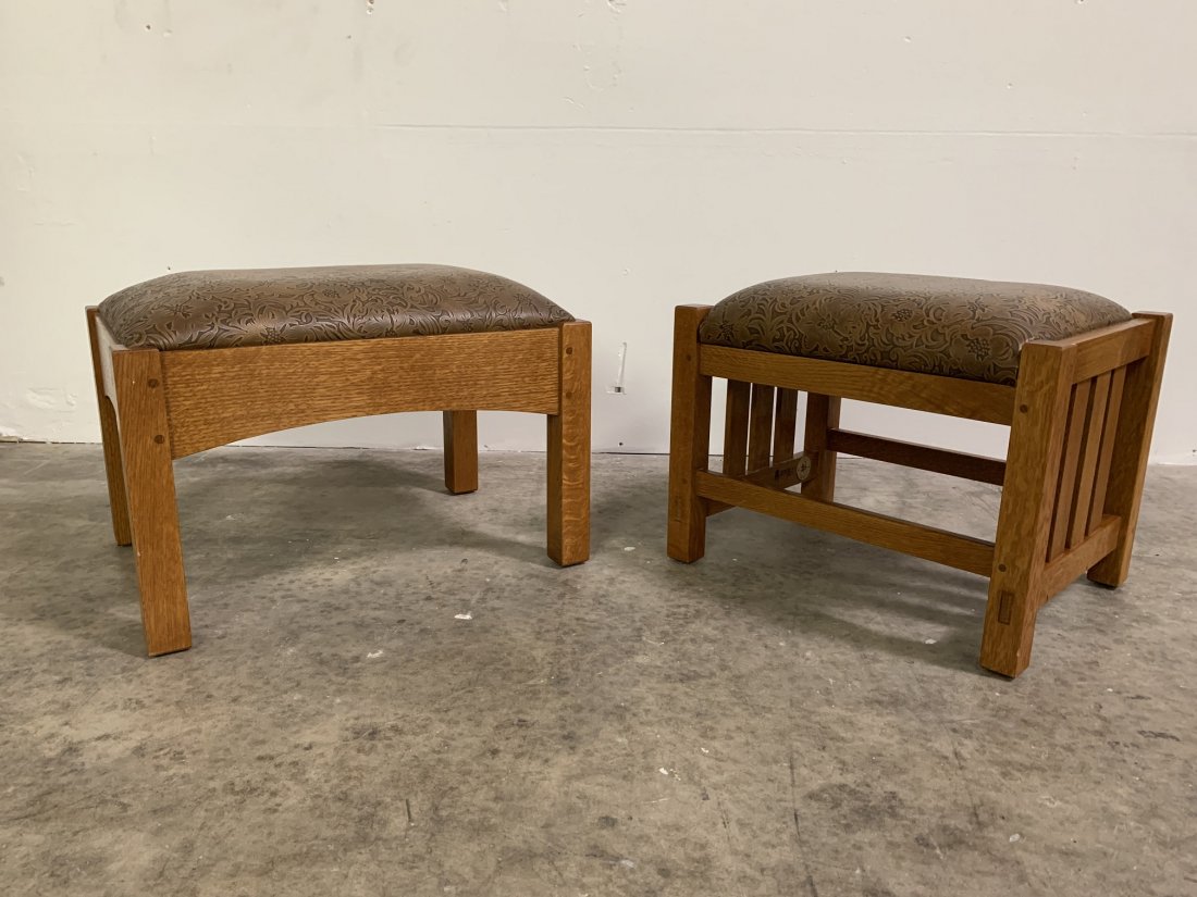 2 Stickley Arts & Crafts Style Ottoman - Bench: 2 Stickley Arts & Crafts Style Furniture Ottoman - bench with embossed leather upholstery. Stickley mission oak ottoman. Large ottoman measure H- 15" X W- 16 1/2" X D- 22" & smaller ottoman measure H-