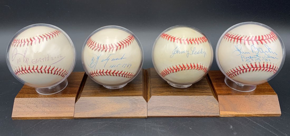 4 Signed Baseball by Lee, Pesky, Barker, Yastrzemski: Lot of 4 Signed Baseball by Lee, Pesky, Barker, Yastrzemski . First- signed baseball Bill Lee "Spaceman" earth 2002. Second- Signed baseball Johnny Pesky. Third- signed baseball by Len Barker "Perfect